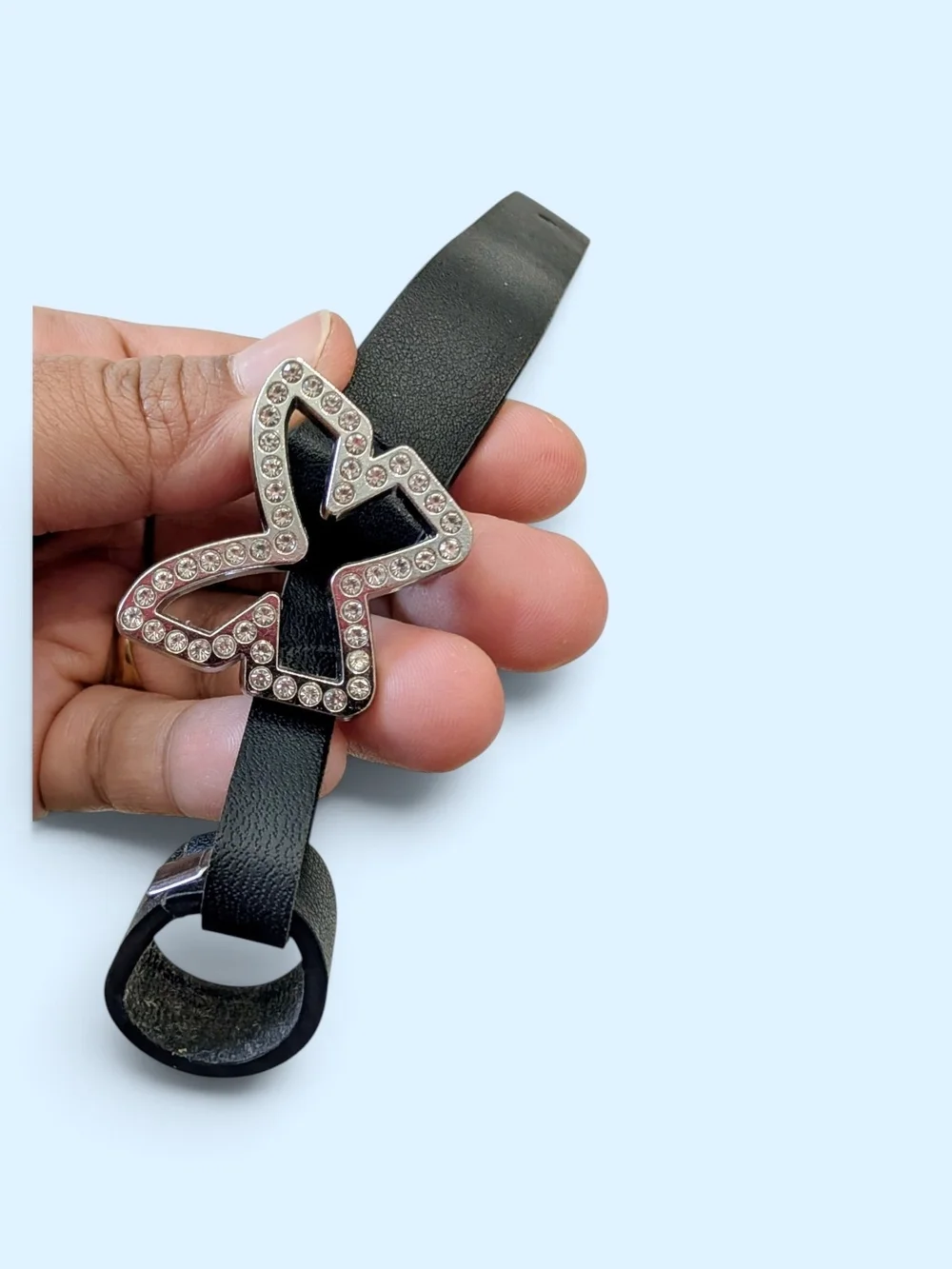 Kids Black Leather Belt Crystal Rhinestone Butterfly Buckle Y2k